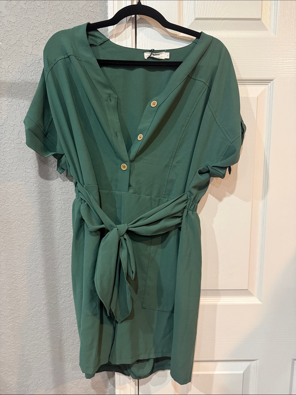Women's Large Green Button-Up Dress W/ Waist Tie V-Neck Amazon